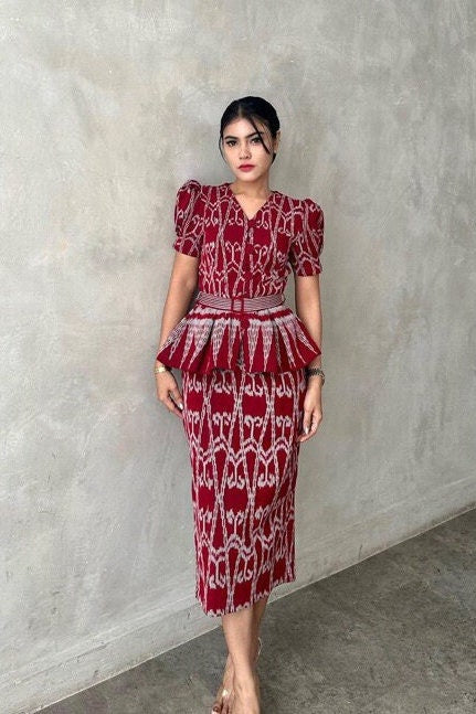 Red Tenun Dress One Set Traditional from Indonesia - KATCO