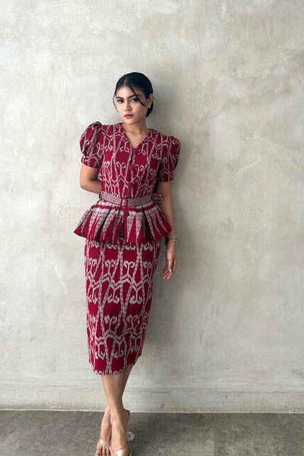 Red Tenun Dress One Set Traditional from Indonesia - KATCO